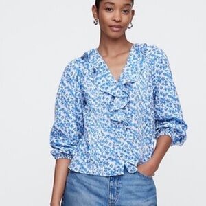 GAP S Gauze blue ditzy floral balloon sleeve Ruffle 100% cotton top cottagecore